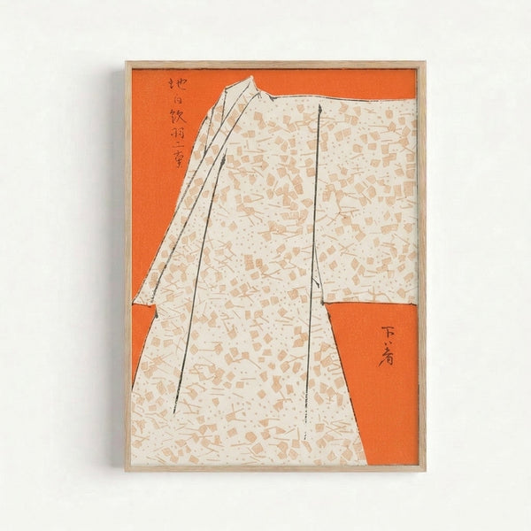 Minimalist ukiyo-e style print showing traditional kimono fabric patterns in orange and cream against a refined, contemplative composition.