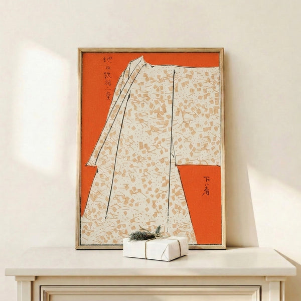Framed wabi-sabi inspired print of a kimono garment rendered in Japanese woodblock style using earthy orange, cream, and black tones.