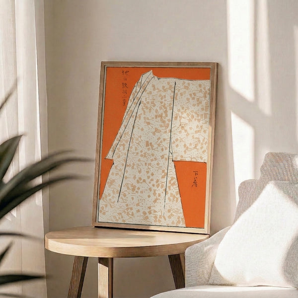 Ukiyo-e inspired woodblock print of kimono fabric in contemplative minimalist style, using organic orange, tan, cream, and black color harmony.