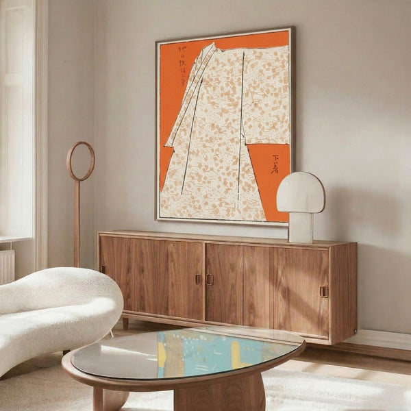Traditional Japanese woodblock kimono print with refined minimalist composition in warm orange, cream, and neutral tones, celebrating textile artistry.