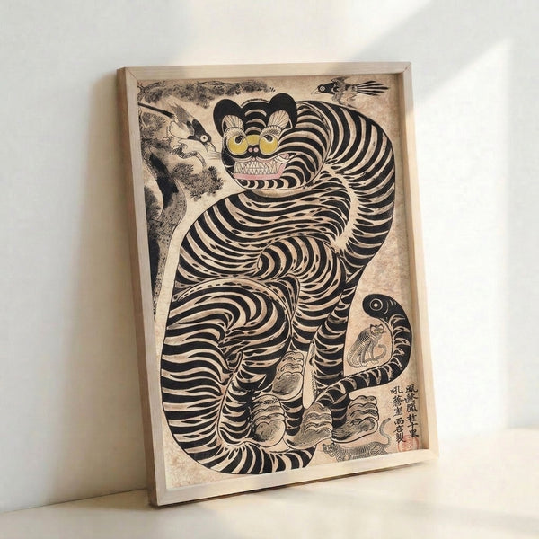 Whimsical Japanese folk art print showing an ornate striped tiger alongside fauna in a legendary composition, executed in creamy and black ink tones.