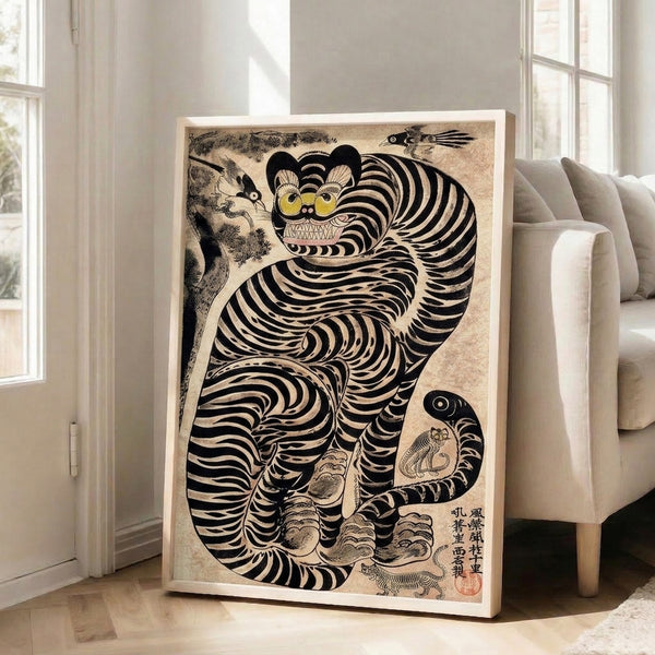 Framed art print in traditional Japanese aesthetic featuring a decorative striped tiger amid folk creatures in warm cream, black, and tan hues.