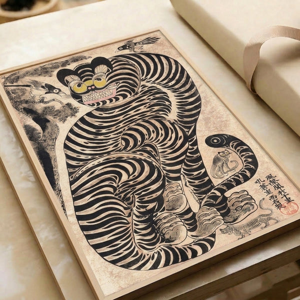 Folk art framed print showcasing an ornamental striped tiger with playful fauna in Japanese tradition, featuring warm cream and tan coloring against black details.