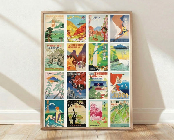 Vintage Japanese woodblock-style poster grid featuring four panels of nostalgic Showa era landscapes with mountains, temples, cherry blossoms, and figures in cream, teal, rust orange, and sage green tones.