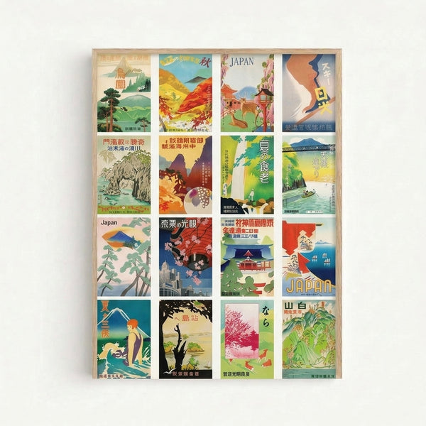 Framed art print displaying a serene grid of four vintage Japanese travel scenes with traditional architecture, water, trees, and a woman in muted earth and blue tones.
