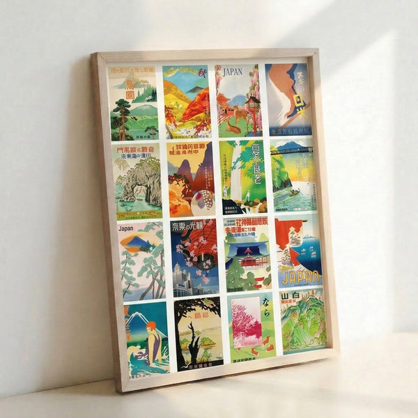Four-panel vintage Japan travel poster grid in woodblock print style showing nostalgic mountain and temple landscapes with cherry blossoms and traditional buildings in warm and cool heritage colors.