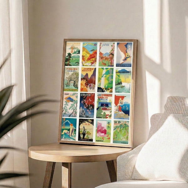 Vintage-style Japanese travel poster collection arranged in a grid showing adventurous scenes of mountains, temples, cherry blossoms, and architectural details in muted sage and teal tones.