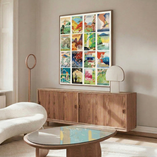 Four-scene framed wall art print inspired by traditional Japanese woodblock aesthetics, depicting nostalgic landscapes and cultural imagery in a serene palette of cream, rust, and cobalt blue.