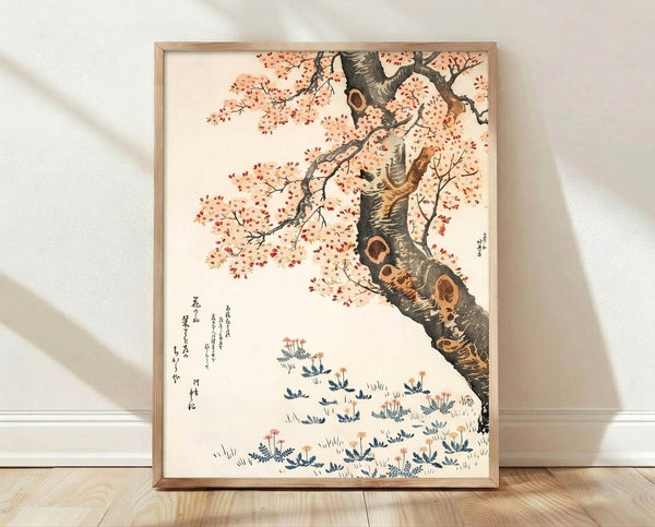 Framed Japanese woodblock-style cherry blossom tree art print with delicate coral-red blooms, charcoal branches, and cream background, evoking serene natural elegance.