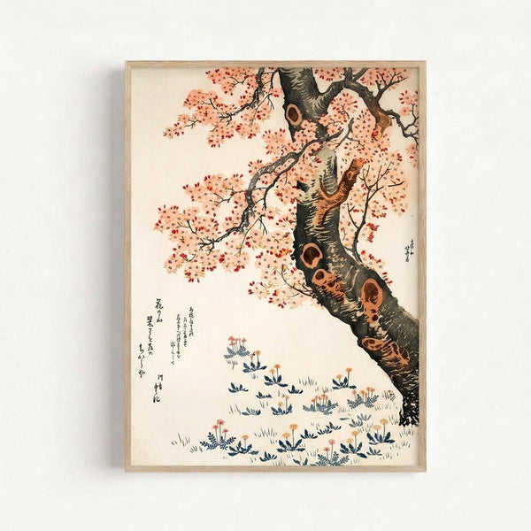 Japandi wall art featuring an intricately detailed cherry blossom tree in cream, coral-red, and navy-blue tones with contemplative, minimalist composition.