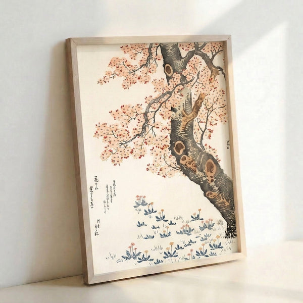 Traditional-inspired woodblock print of a flowering cherry tree with graceful trunk and branches rendered in charcoal and coral against a soft cream ground.