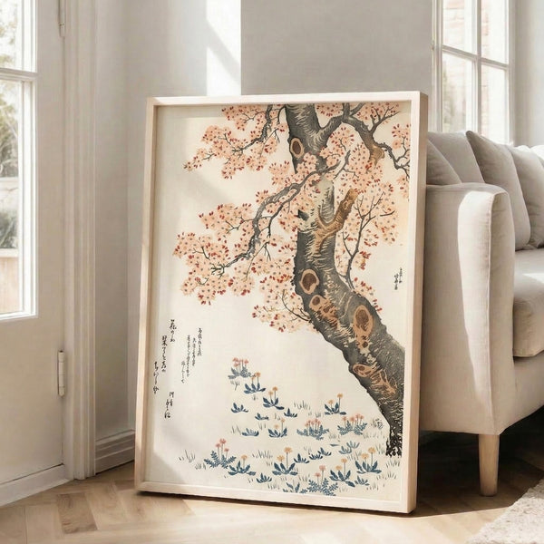 Serene cherry blossom tree framed poster combining Japanese artistic tradition with warm tan, navy, and coral-red botanical elements in balanced composition.