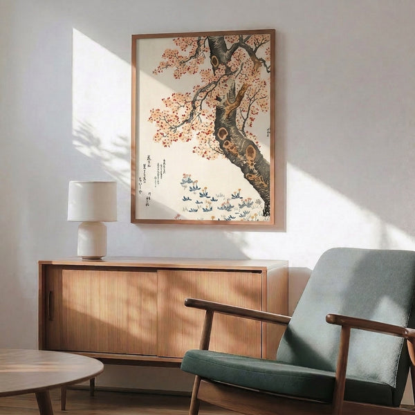 Japandi aesthetic art print showcasing a blossoming tree rendered in rich charcoal, coral-red, and navy-blue with contemplative naturalistic elegance.