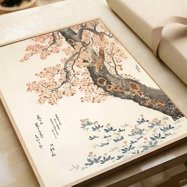 Japanese-style framed cherry blossom artwork with intricate branch detailing and delicate coral flowers on cream background in earthy, contemplative palette.