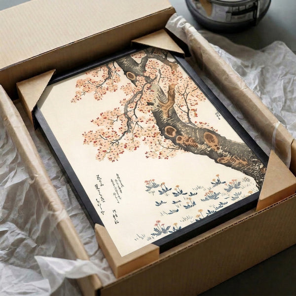 Botanical wall art print in woodblock style depicting a flowering cherry tree with cream, charcoal, coral-red, and navy-blue tones reflecting serene Japanese design tradition.