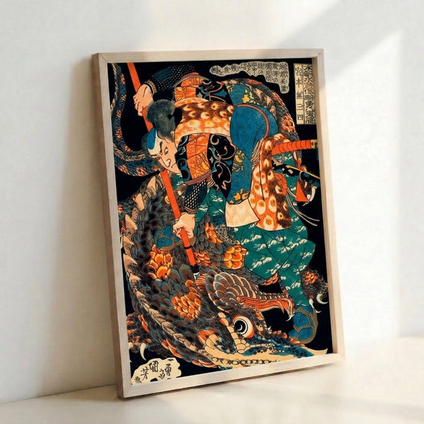 Dynamic samurai warrior poster in Japanese woodblock tradition showing armored fighter with spear poised against a menacing dragon, color palette of deep blues, warm oranges, and cream highlights.