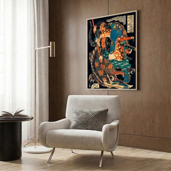 Framed Japanese samurai and dragon artwork in classic woodblock print style, featuring a warrior in full armor with spear facing an ornate dragon, composed in bold indigo, orange, and green hues.