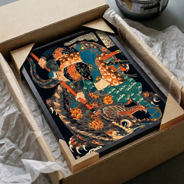 Martial-themed poster presenting a confrontation between an armored samurai with spear and a coiled dragon, styled as traditional Japanese ukiyo-e art with dramatic indigo blues, burnt orange, and cream tones.