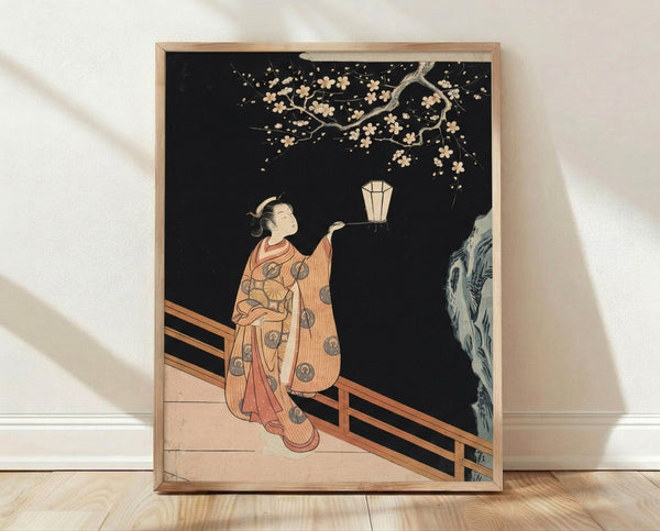 Serene Japanese woodblock print depicting a woman in flowing robes holding a lantern beneath cherry blossoms, rendered in black, cream, gold, and coral tones with contemplative nocturnal mood.