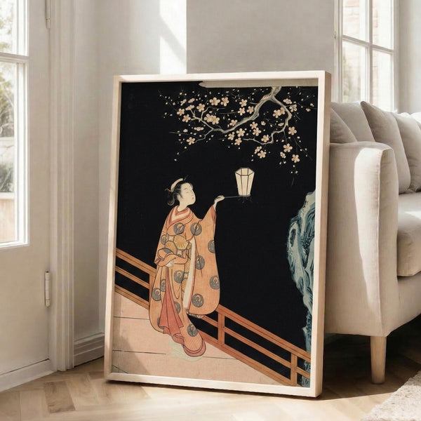 Contemplative ukiyo-e style poster of a woman holding lantern surrounded by cherry blossom branches, composed in muted cream, black, coral, and soft blue hues.