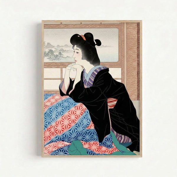 Japandi art print showing a woman in traditional dress gazing thoughtfully through a window, executed in the style of classic ukiyo-e with muted cream and blue palette.