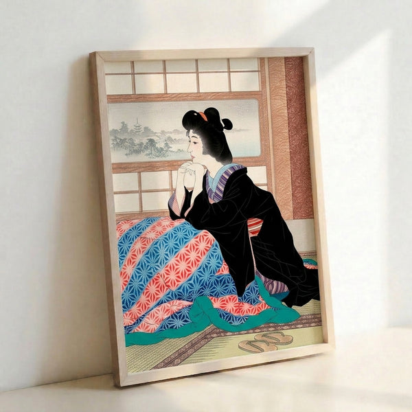 Serene bedroom scene with a geisha figure in elegant kimono positioned near a landscape window, created in Japanese woodblock style with calming black, cream, and coral accents.
