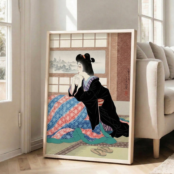 Contemplative portrait of a woman in richly patterned kimono beside a winter window, blending traditional Japanese aesthetic with modern minimalist framing in cream and teal hues.