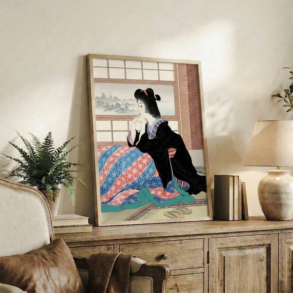 Japanese-inspired wall art featuring a geisha in repose by a window overlooking landscape, rendered in woodblock technique with sophisticated cream, black, and coral color harmony.
