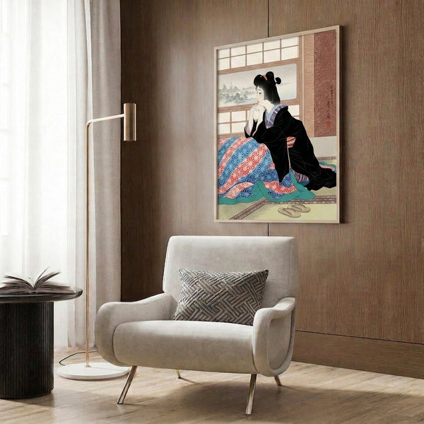 Japandi interior art print capturing quiet elegance through a woman in coral kimono seated by window, executed in classical woodblock technique with cream, teal, and black palette.