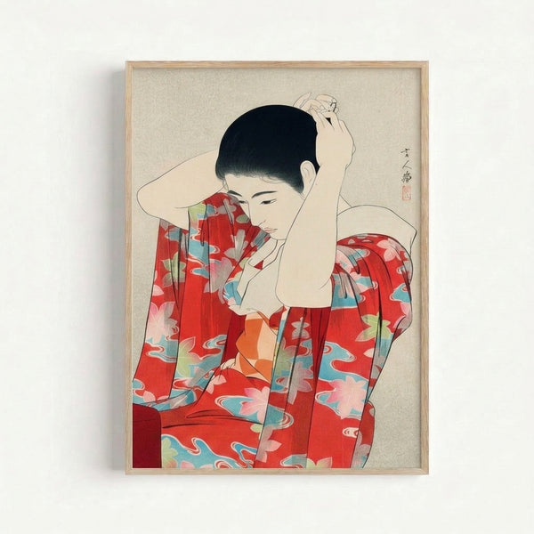 Elegant portrait of a woman in traditional kimono with pale pink and black details, introspective expression, woodblock art print.