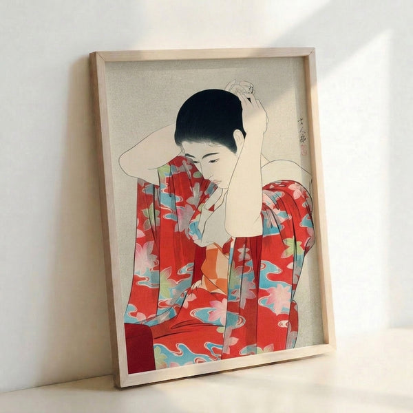 Japanese Showa-era inspired woodblock print featuring a geisha in layered kimono with red, cream, and turquoise palette, wall art.