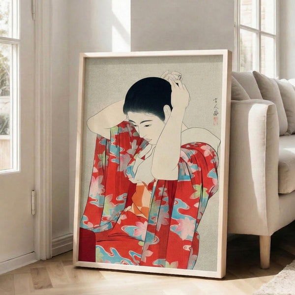 Serene Japanese art print depicting a woman in ornamental kimono with pale pink, turquoise, and black accents in woodblock technique.
