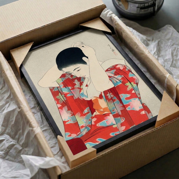 Elegant Showa-period woodblock art showing a woman in detailed kimono with cream, red, pale pink, and turquoise colors, serene mood.
