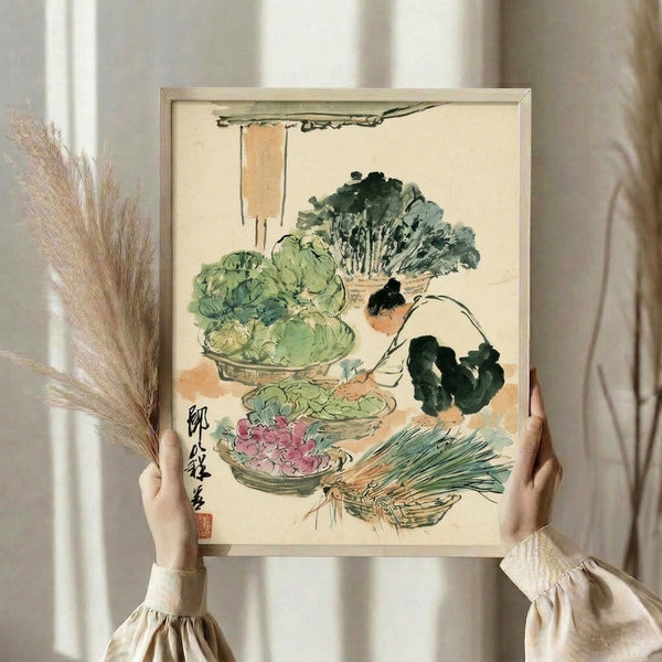 Soft-toned watercolor art print in Japanese folk tradition featuring a woman tending to vegetables and baskets at a market stall, blending sage and terracotta colors with delicate black linework.