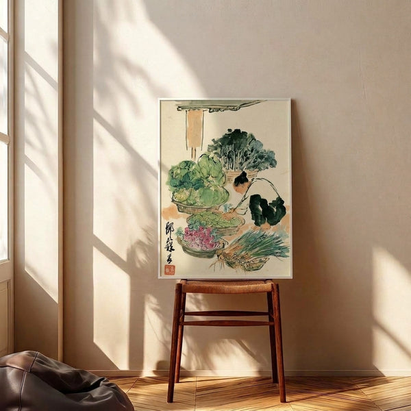 Framed watercolor artwork in Japanese style portraying an intimate moment of a produce seller organizing fresh vegetables, executed with gentle brushwork in cream, sage, and terracotta pigments.