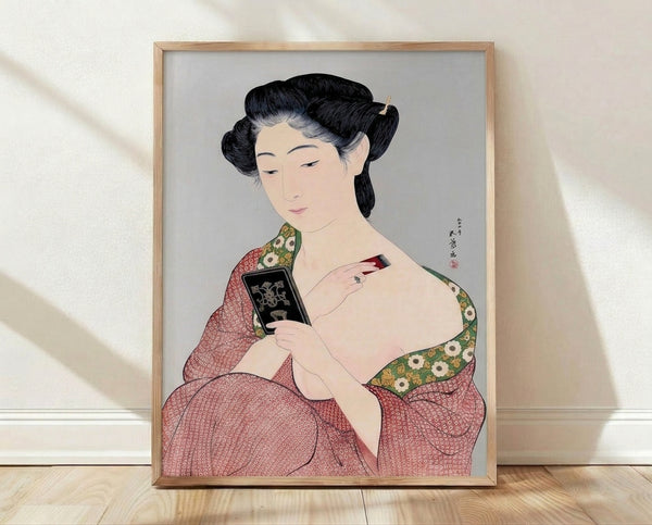 Elegant geisha in crimson kimono holding a hand mirror, rendered in traditional Japanese woodblock style with cream, gold, and black accents, conveying quiet contemplation and refined beauty.