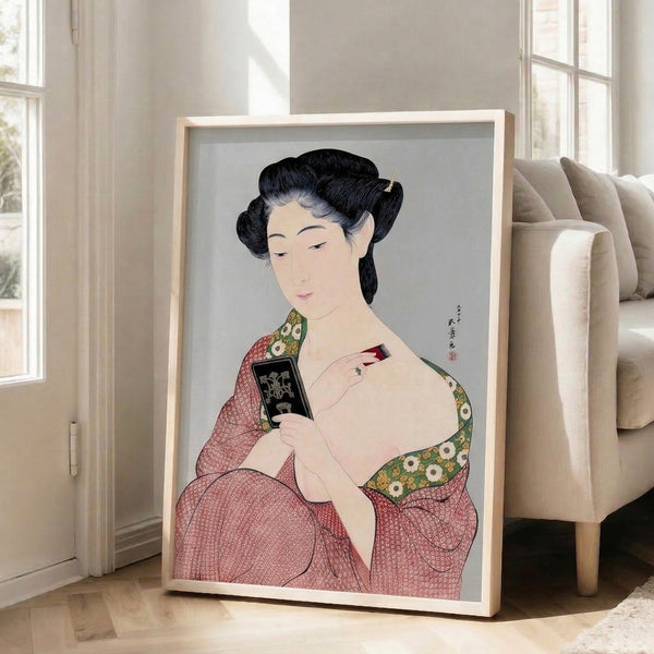Japanese Showa-era inspired artwork showing a contemplative geisha adjusting her appearance with mirror and brush, featuring warm cream tones, deep reds, and green accents in woodblock style.