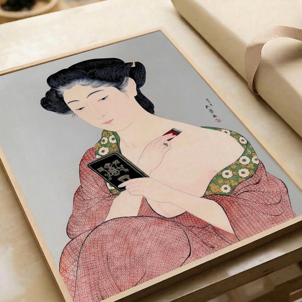 Japandi wall art featuring a graceful geisha in green and red kimono with mirror, combining Japanese woodblock aesthetics with cream and gold tones for an elegant, contemplative mood.