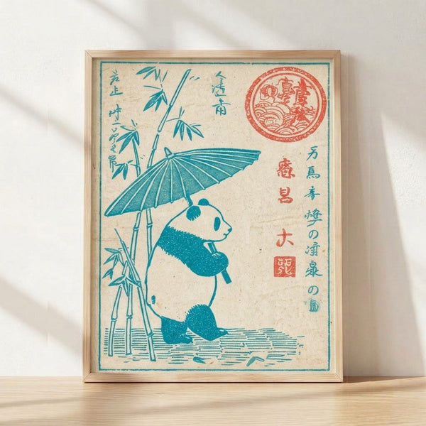 Whimsical Japanese woodblock-style poster of a panda holding a bamboo parasol, rendered in teal, cream, and terracotta tones with nostalgic Showa-era charm, framed on a wall.