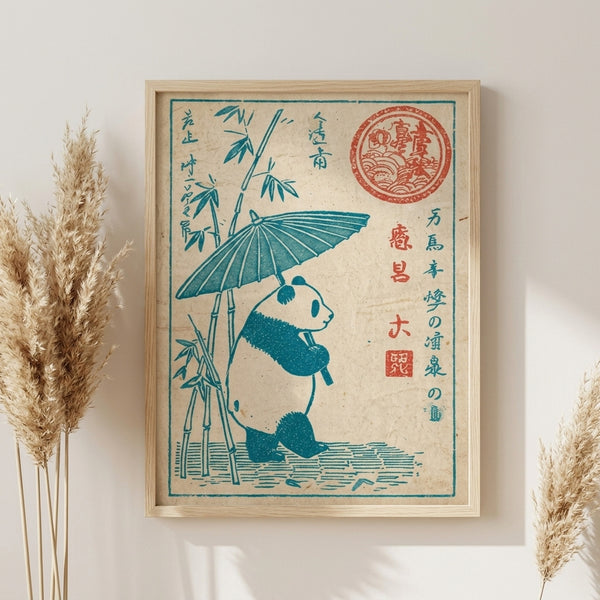 Framed art print featuring a charming panda beneath a bamboo parasol in soft teal and warm terracotta hues, inspired by traditional Japanese woodblock aesthetics with a playful, nostalgic mood.