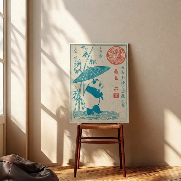 Japanese-inspired woodblock poster showing a delightful panda with parasol and bamboo elements in cream, teal, and red tones, capturing whimsical vintage charm as a framed wall print.
