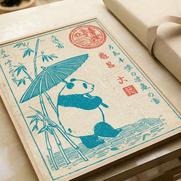 Nostalgic Japanese woodblock-style artwork of a panda under a bamboo parasol, framed and displayed with soft teal, cream, and terracotta colors creating a charming, whimsical atmosphere.