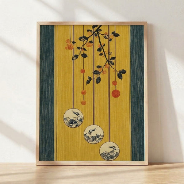Serene Japanese woodblock-style art print featuring a crane perched on a berry-laden branch in gold, cream, and teal-grey tones, framed on a wall.