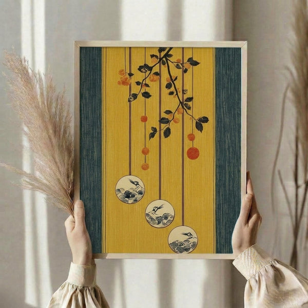 Meditative wall art inspired by Japanese ukiyo-e tradition, depicting a crane on a branch with gold accents and soft cream and grey palette.
