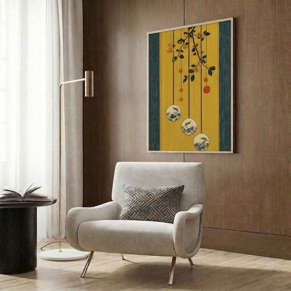 Zen-inspired framed art print combining crane imagery with botanical berries in gold and teal-grey, rendered in a refined woodblock style.