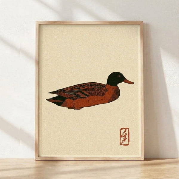 Serene Japanese woodblock-style duck portrait in cream, rust, and black tones framed as a minimalist wall art print, inspired by Ito Jakuchu's refined naturalistic approach.