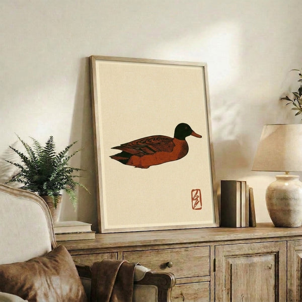 Framed Japandi art print depicting a duck in muted terracotta and cream palette with bold black linework, evoking traditional Japanese woodblock aesthetics and wabi-sabi simplicity.