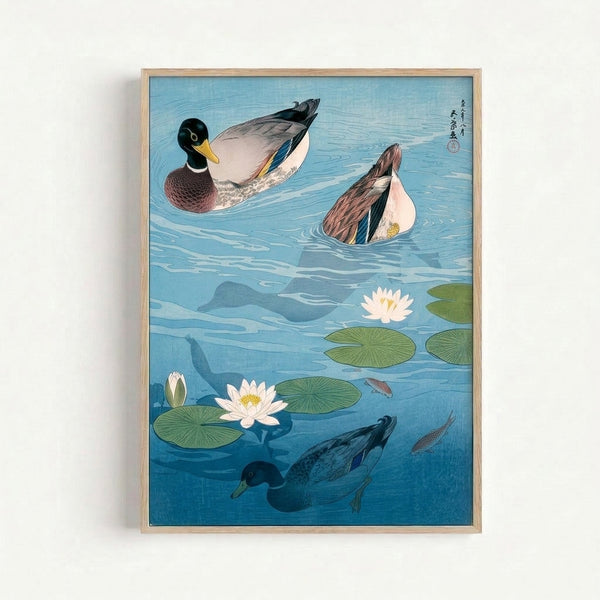 Tranquil wall art print in Japandi style depicting ducks and colorful koi fish gliding through a meditative pond scene with floating lotus blossoms in muted greens and yellows.