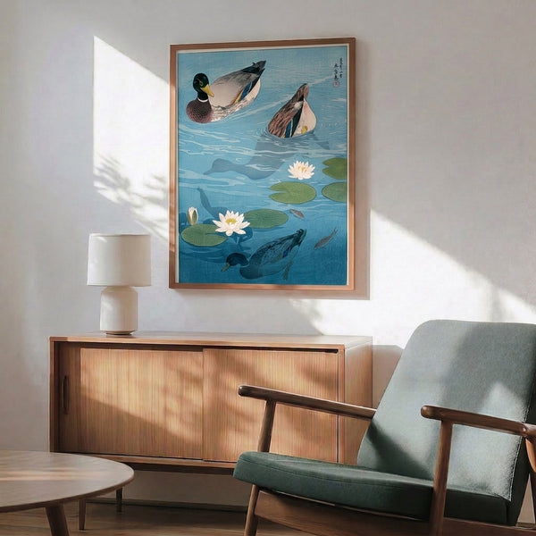 Contemplative woodblock-inspired poster featuring waterfowl and koi among aquatic plants, blending naturalistic imagery with traditional Japanese aesthetics in cool and warm earth tones.