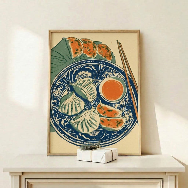 Art Nouveau food print showing elegant dumplings on a decorative blue plate with chopsticks, painted in warm cream and cool navy hues with touches of orange and green.
